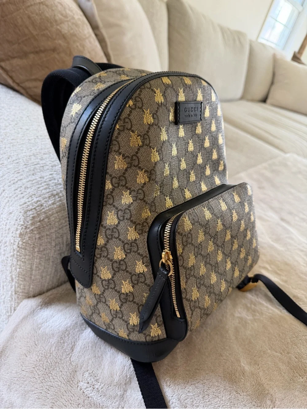 Gucci Bee GG Canvas Backpack in Brown and Gold